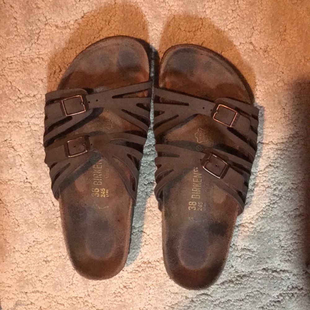 Birkenstock size 38, dark brown.